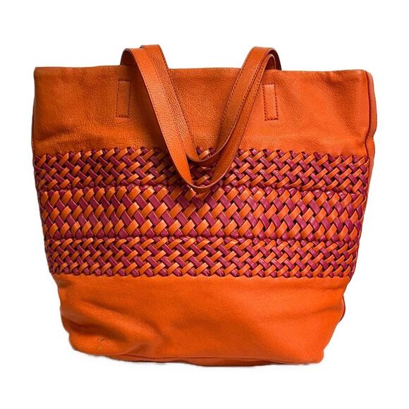 DKNY Vintage Peddled Leather Stripe Woven Orange & Pink Tote with Dust Bag - Picture 1 of 9